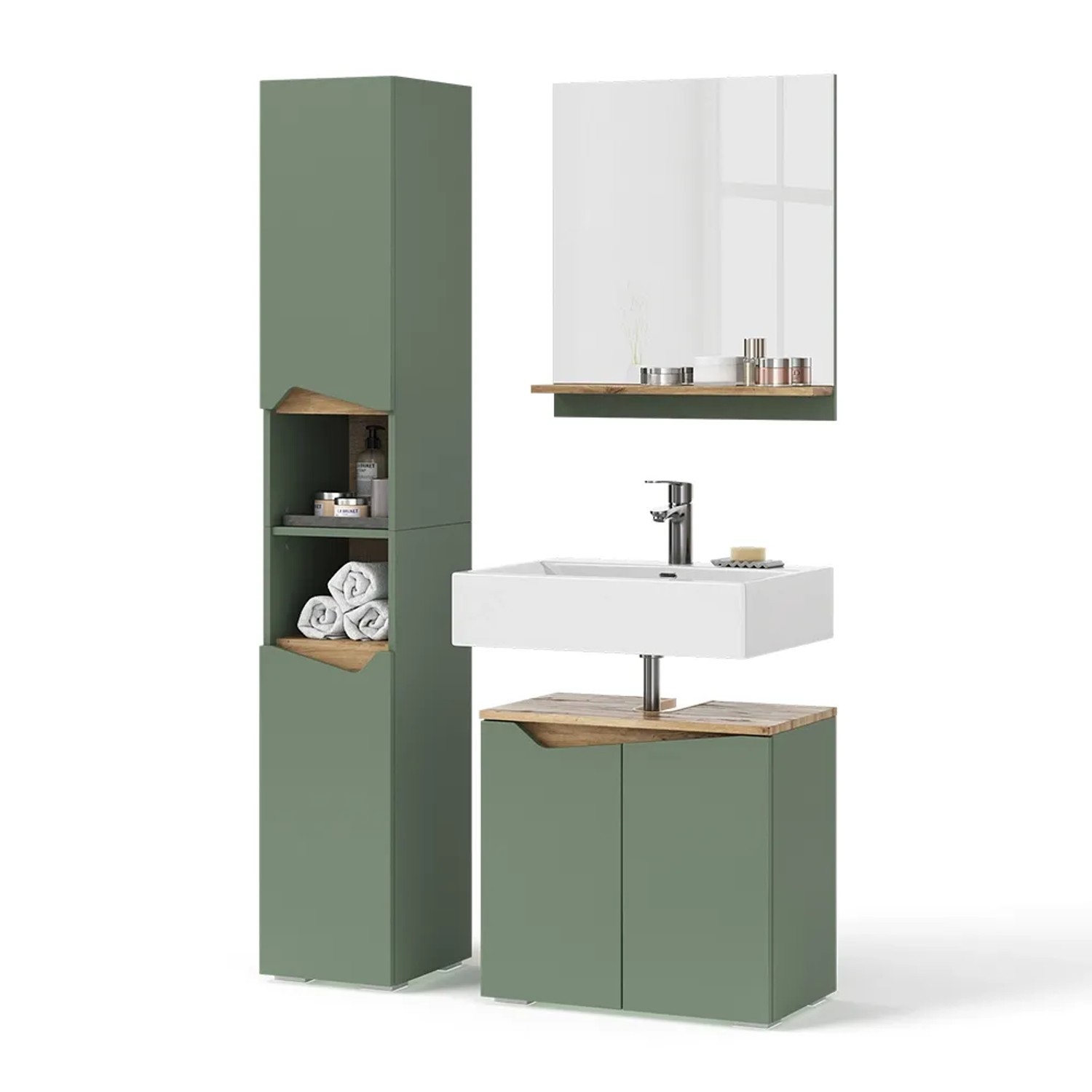 Vicco Badmöbel-Set Marelle, 3-teilig, Grün/Artisan mit Hochschrank.