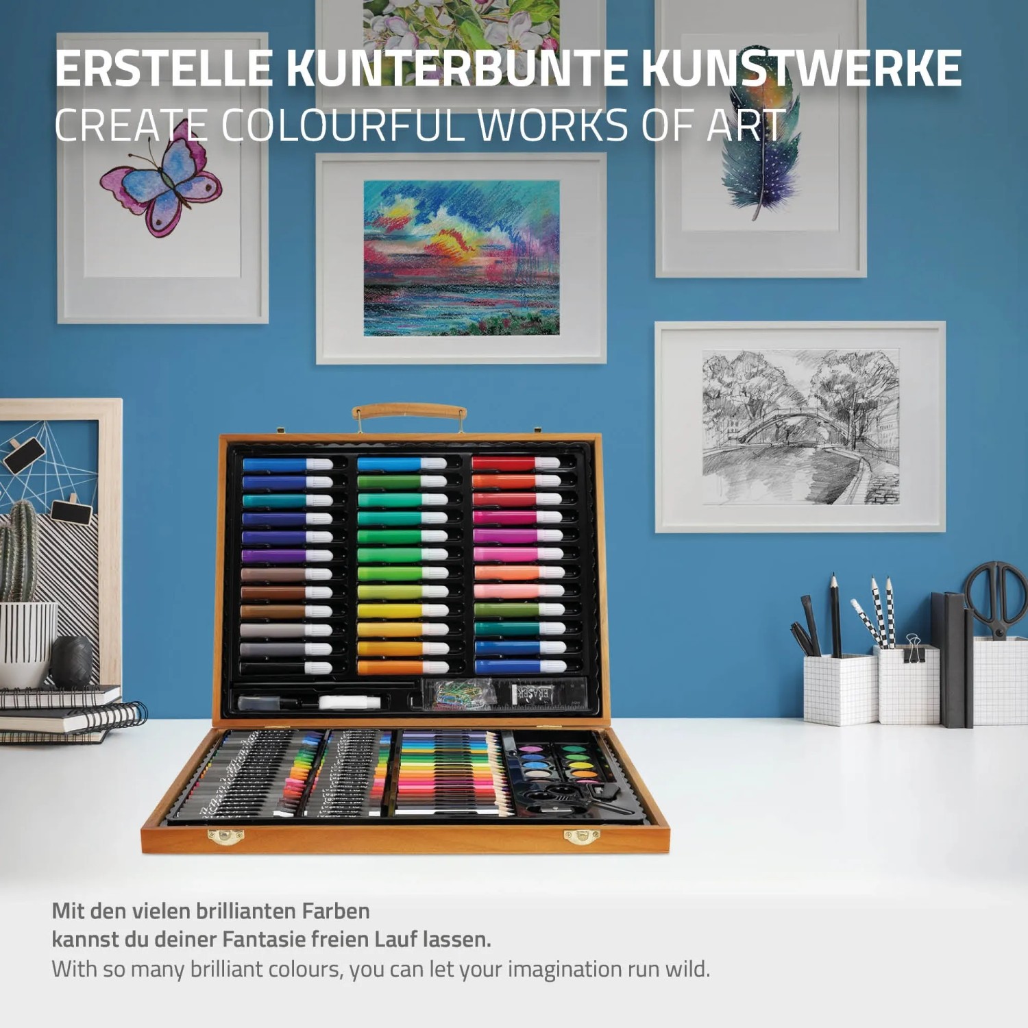 ECD Germany Malkoffer, 150-teilig, mit Stiften, Farben und Zubehör im Holzkoffer.