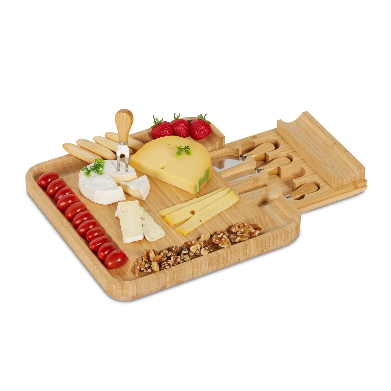 Relaxdays Käsebrett Bambus Edelstahl Natur Mit Besteck Set 33 x 33 x 4 cm 2,7 kg
