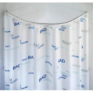 Weiße Wenko Rundduschstange aus Aluminium für Eckduschen mit Duschvorhang.