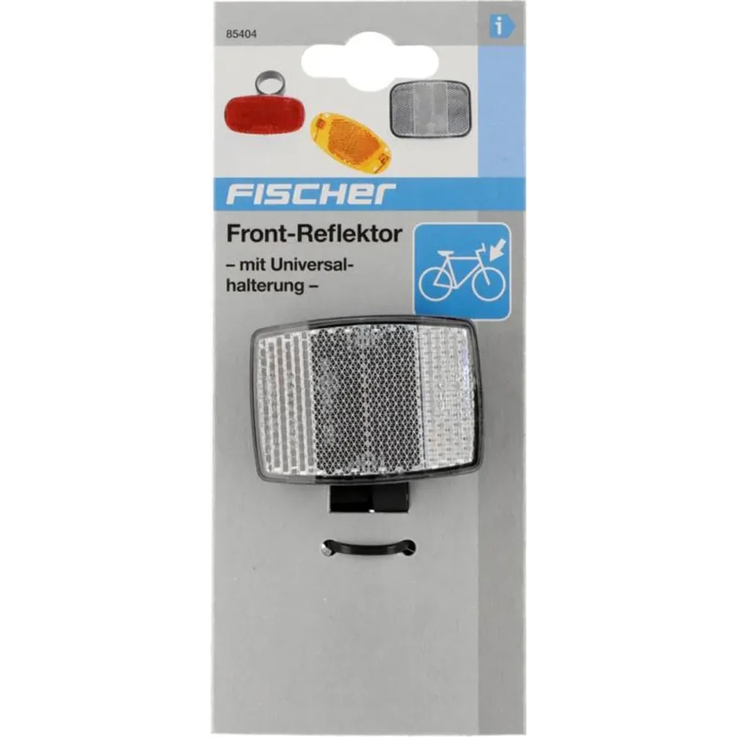 Fischer Fahrrad-Frontreflektor zur Vorbaubefestigung, weiße Reflektorfläche.