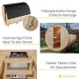 Artsauna Fasssauna Spitzbergen 220 cm: Details wie Ofen, Dach und Bauweise der Gartensauna.
