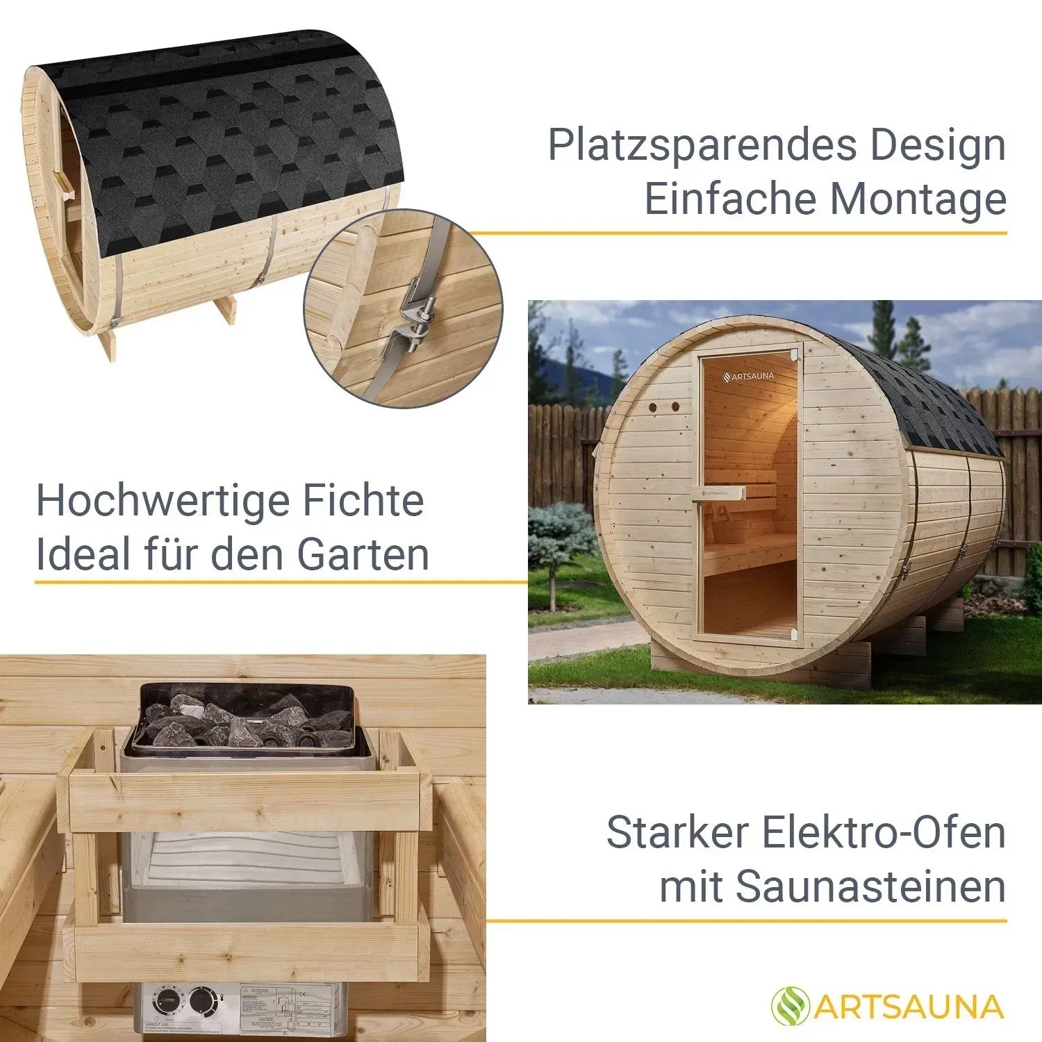 Artsauna Fasssauna Spitzbergen 220 cm: Details wie Ofen, Dach und Bauweise der Gartensauna.