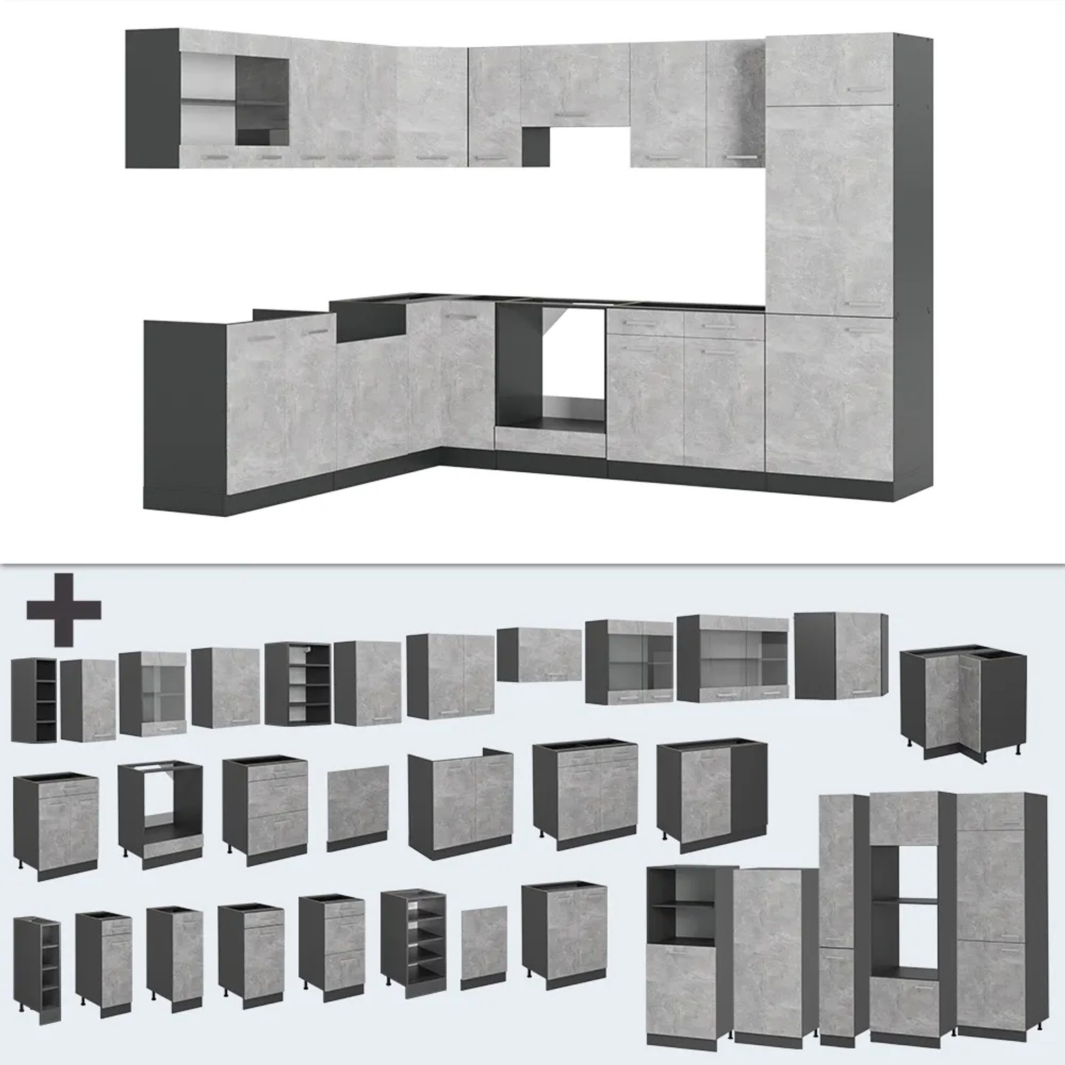 Vicco R-Line Eckküche in Beton/Anthrazit mit Marmor Arbeitsplatte, verschiedene Module