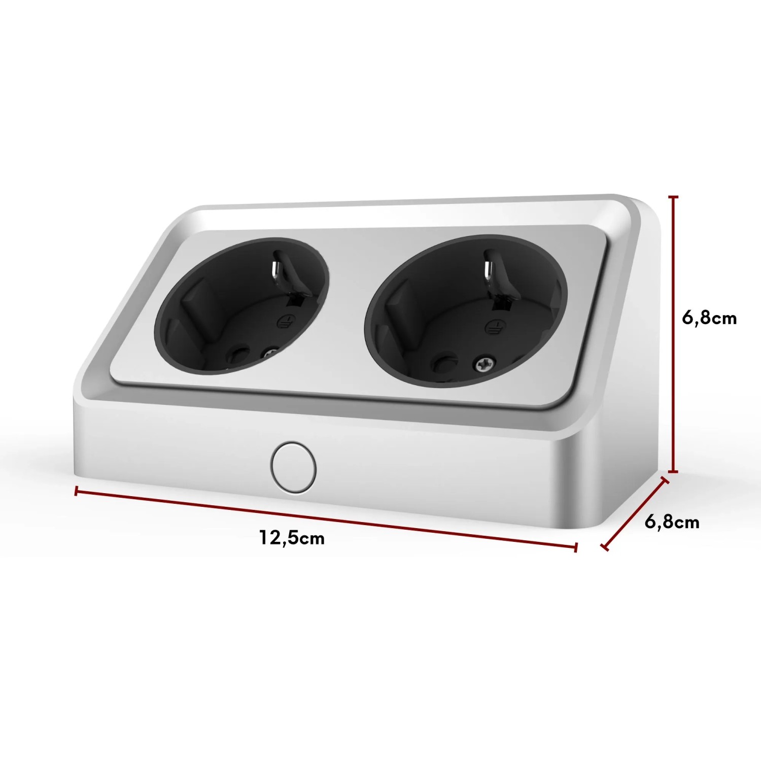 Kalb Avena Ecksteckdose, silbergrau, mit 2x 230V Ausgängen und Bohrschablone für Elektroinstallation.