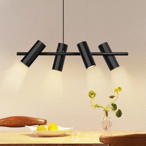 Schwarze 4-flammige Metall Pendelleuchte im Industrial Design über Esstisch. Moderne Hängelampe für Wohnzimmer, Küche.