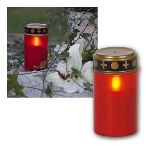 Rotes LED-Grablicht Serene aus Kunststoff mit goldenem Deckel, Kreuzdekor und warmweißem Flackereffekt. Mit Timer.