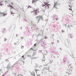 Laura Ashley Vliestapete Wild Meadow Pale Iris mit Blumenmuster in Lila- und Grautönen.
