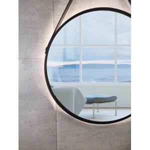 Runder LED-Lichtspiegel Silver Barbier, Ø 50 cm, Schwarz matt, mit umlaufender Beleuchtung.