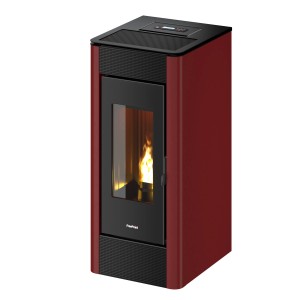 Freepoint Pelletofen Indaco 11, Stahl Bordeaux, 10,5 kW. Pelletofen mit Sichtfenster und Flamme.