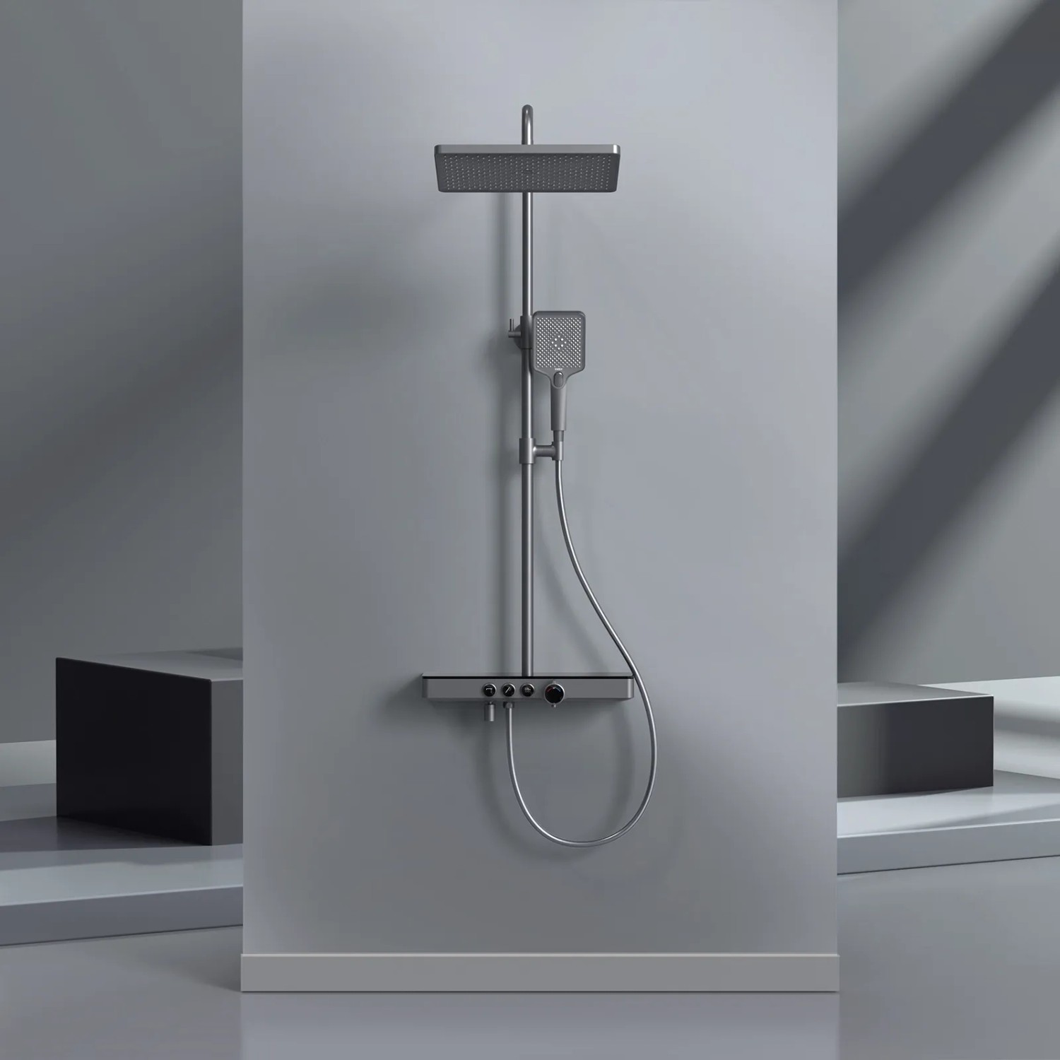 Emke Duschsystem mit Thermostat, anthrazit matt, mit Kopf- und Handbrause.