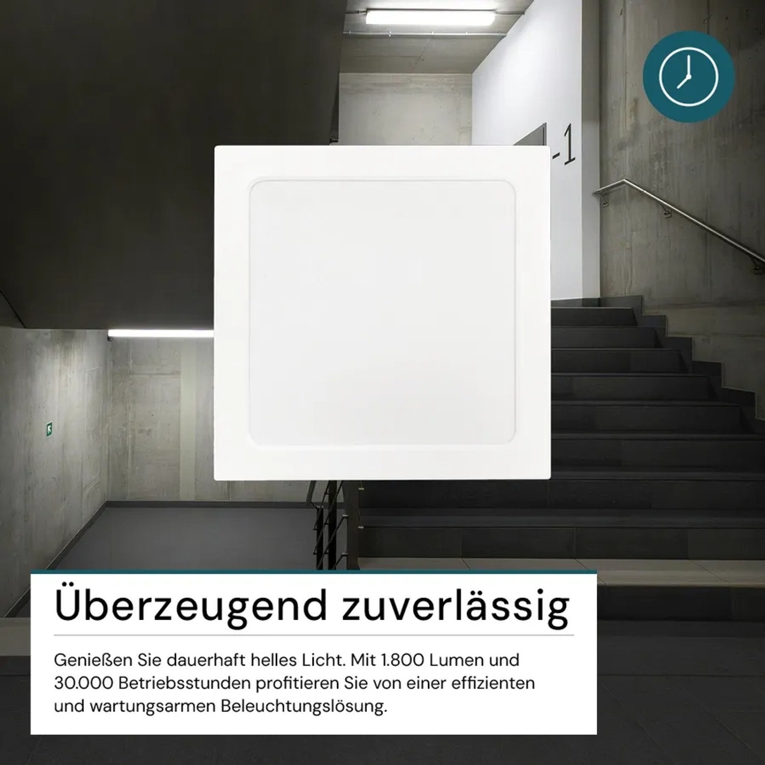 Weiße, quadratische LUXULA LED Deckenleuchte, ultraflach, in Treppenhaus. 18W, 1800lm, IP44, CCT, für Bad.