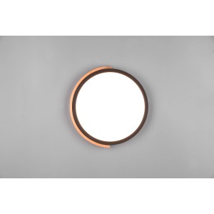 Moderne LED-Deckenleuchte Jano, schwarz matt mit Holzdetails, dimmbar. Runde Form, warmweißes Licht.