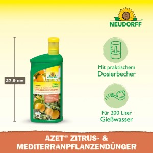 Neudorff Zitrusdünger Azet Flüssig, 1 Liter Flasche mit Dosierbecher. Für Zitronen, Orangen und mehr.