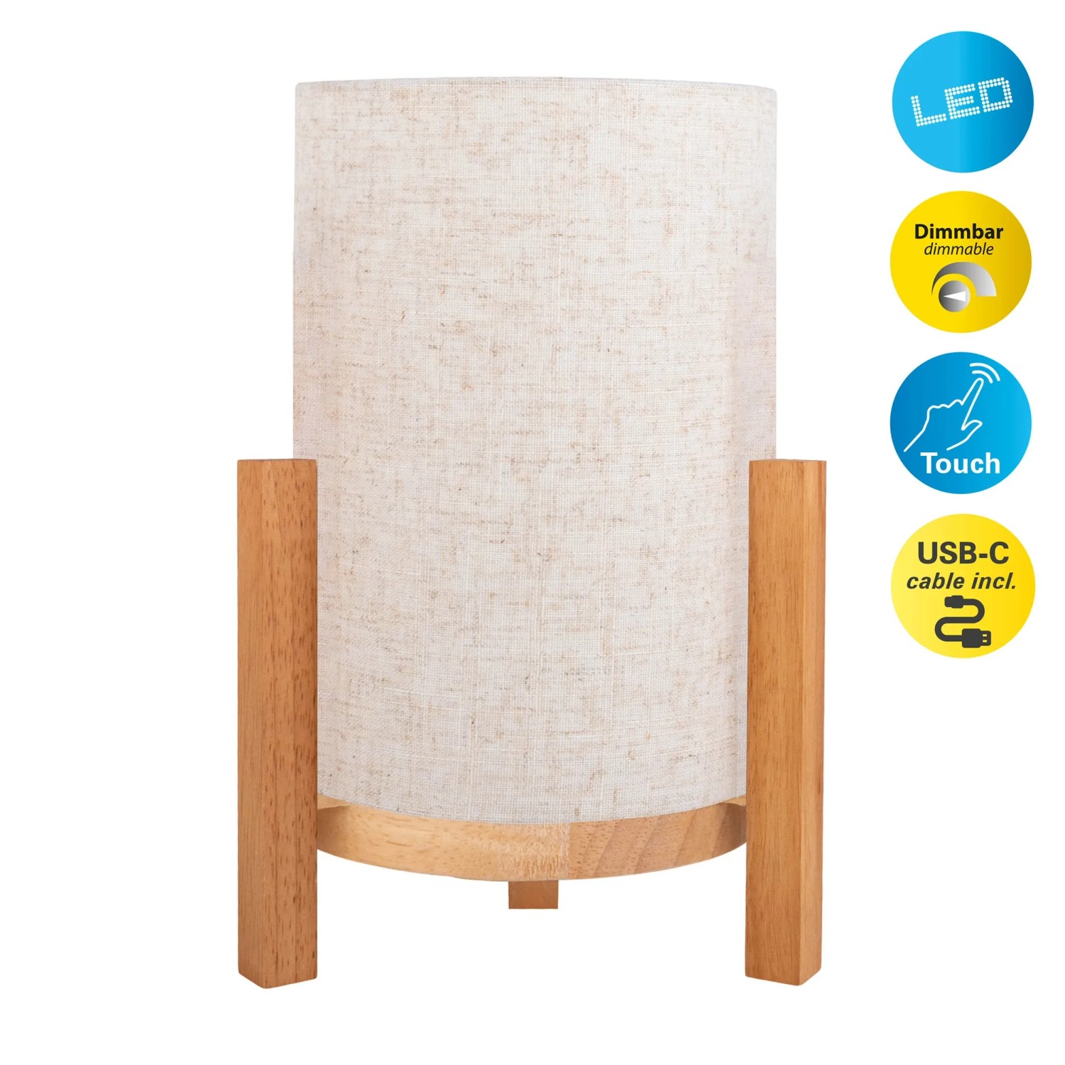 Näve LED-Tischleuchte Madita mit Leinen-Schirm und Holzfuß, dimmbar und akkubetrieben.