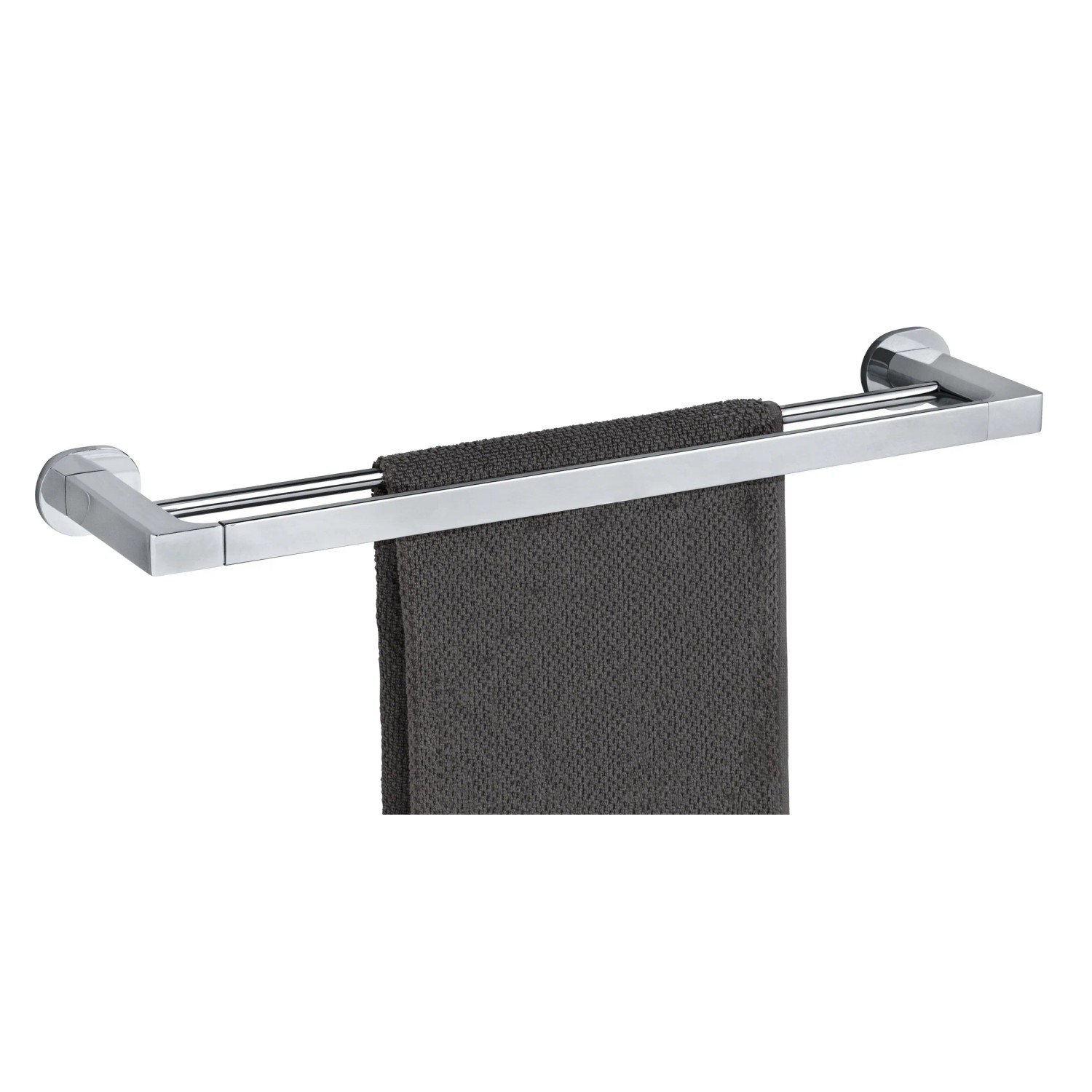 Wenko Badetuchstange Duo Maribor, 60 cm, silber glänzend mit Handtuch.