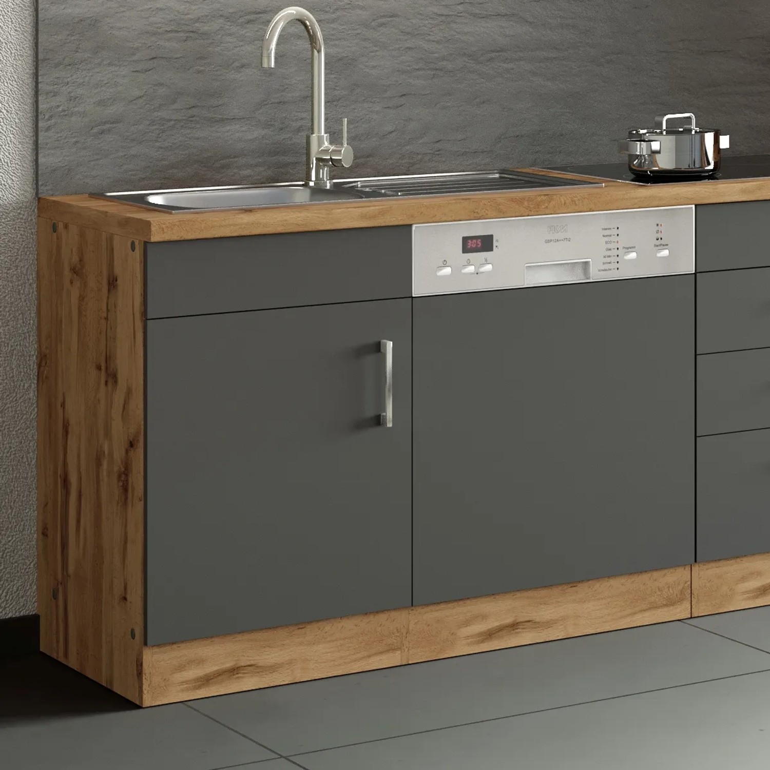 Held Möbel Spülzentrum Sorrento, 110cm, Anthrazit/Eiche, mit Spüle und Geschirrspüler