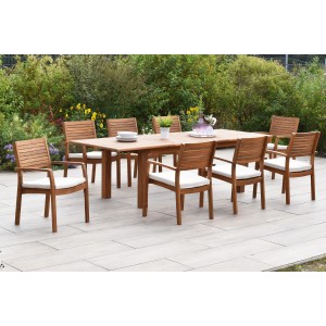 Merxx Batavia 17-tlg. Gartenmöbel-Set mit Ausziehtisch, 8 Stapelsesseln und Auflagen.