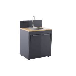 Anthrazitfarbener MWH O88 Spülenschrank für Outdoorküche mit Edelstahlspüle, Armatur und Holzplatte.