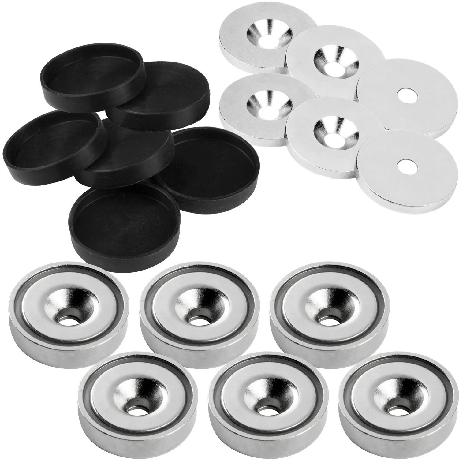 vasalat Topfmagnet Ø 25 mm mit Bohrung Metallscheiben & Gummikappen 18-teilig