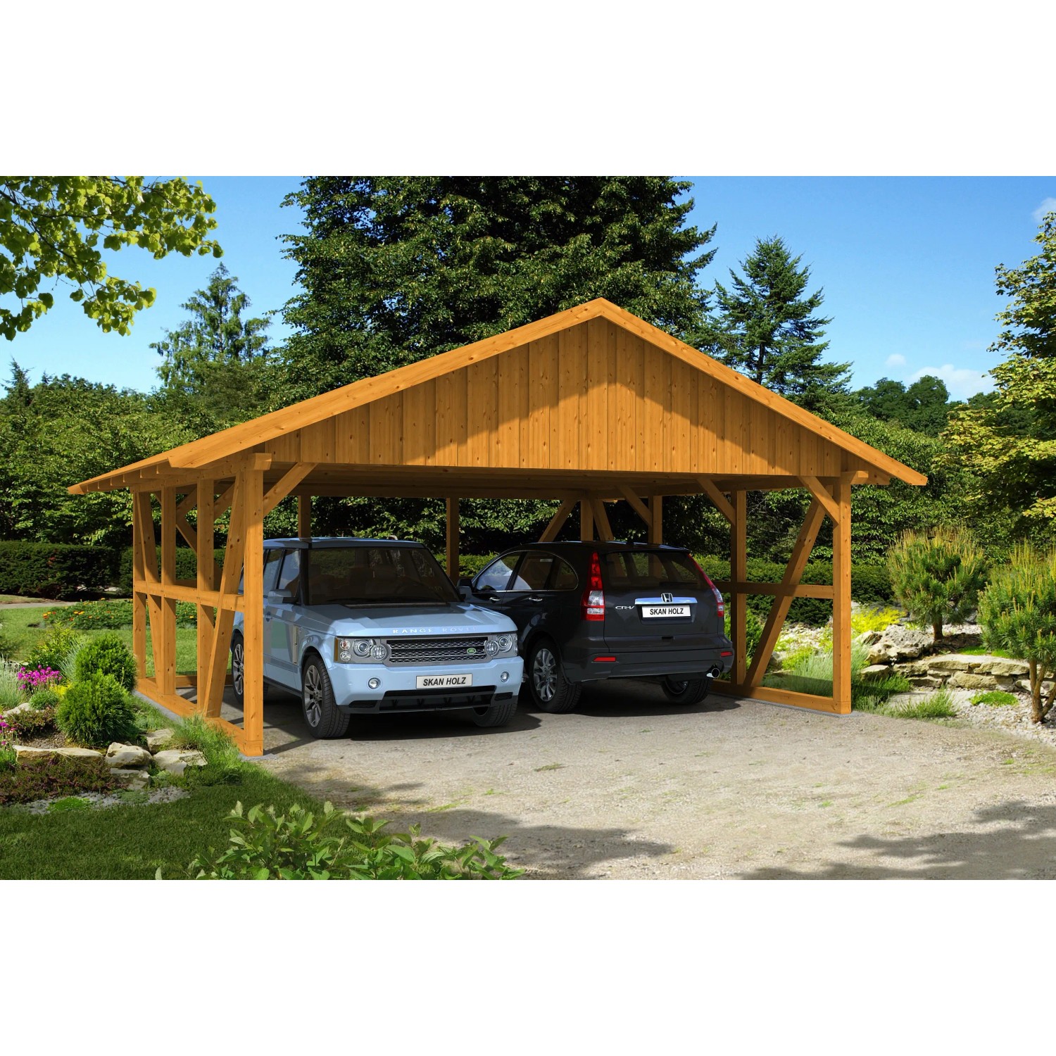 Skan Holz Carport Schwarzwald Eiche mit Rückwand und zwei geparkten Autos.