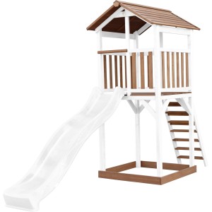 Axi Beach Tower Spielturm mit weißer Rutsche, braun-weißes Holz, Leiter und Sandkasten.