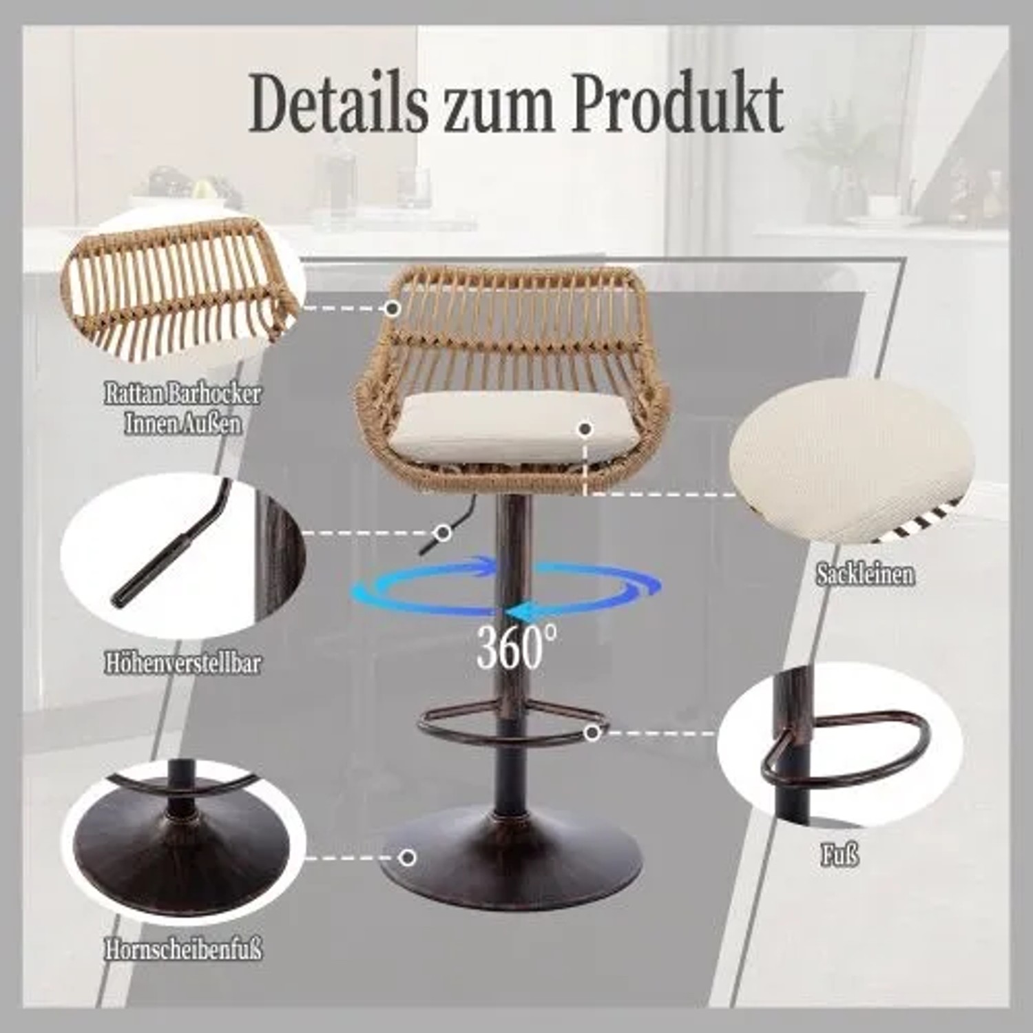 Barhocker mit geflochtener Rattan-Rückenlehne, hellem Leinen-Sitzkissen, höhenverstellbar, 360° drehbar, Fußstütze, Metallgestell.