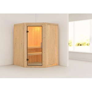 Karibu Sauna Lyra Natur: Elementsauna mit Glastür, Bänken und Ofenschutzgitter aus Espenholz.