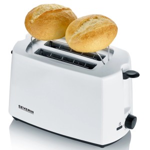 Weißer Severin Automatik-Toaster AT 2286 mit Brötchenaufsatz und zwei Brötchen.