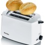 Weißer Severin Automatik-Toaster AT 2286 mit Brötchenaufsatz und zwei Brötchen.