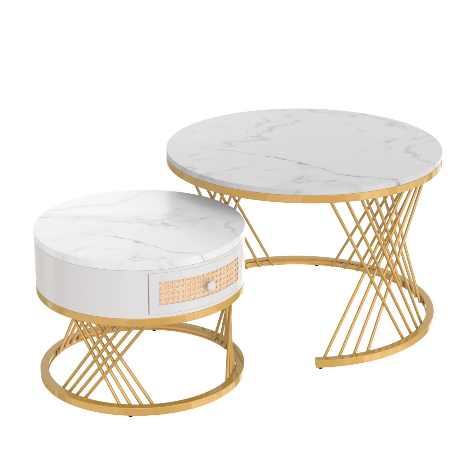 okwish Couchtisch Beistelltisch mit Tischplatte aus Marmor und Schubladen 70 × 70 cm Weiß
