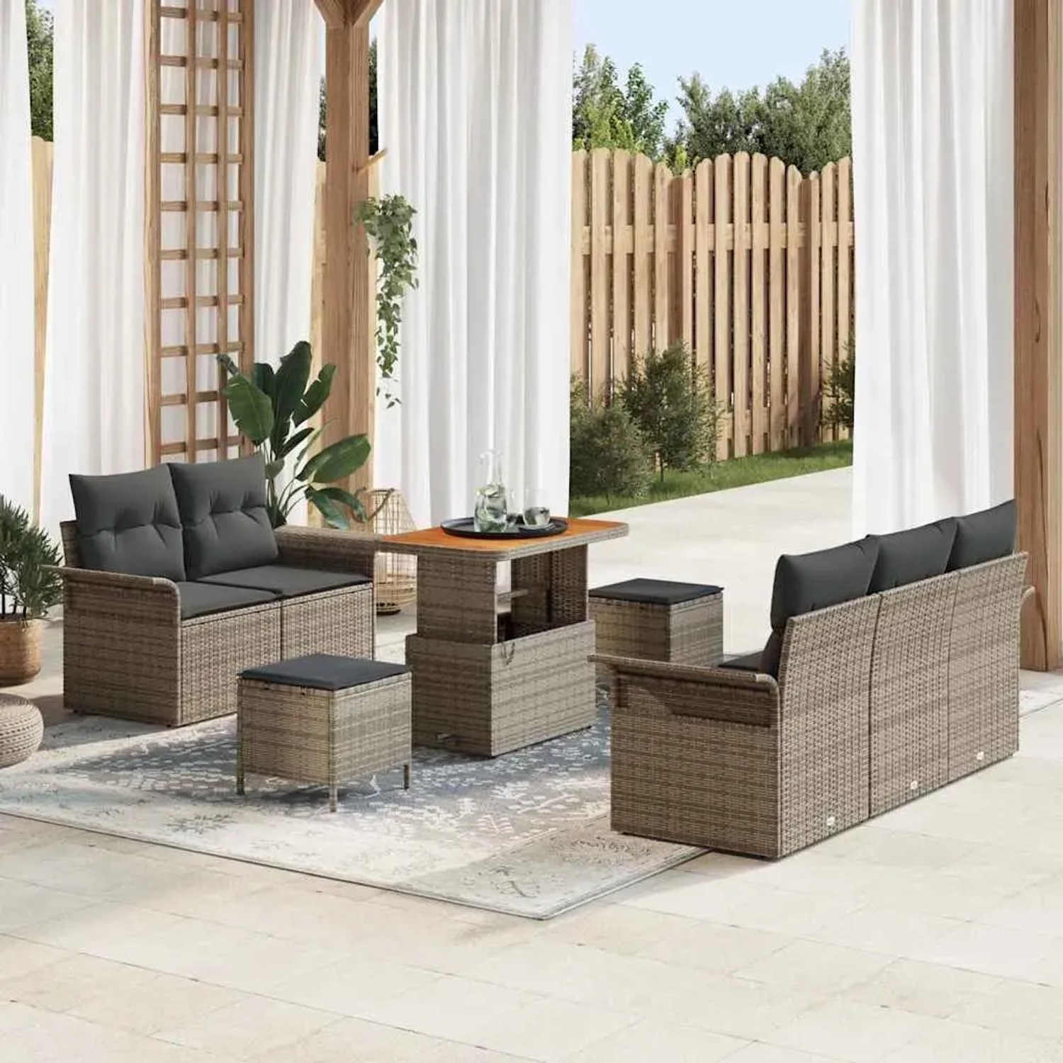 Graues 8-tlg. vidaXL Garten-Sofa-Set aus Poly Rattan mit höhenverstellbarem Tisch.
