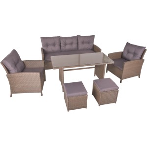 6-teilige, braune Garden Pleasure Sitzgruppe Sevilla mit Sofa, Sesseln, Hockern und Tisch.