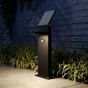 Moderne schwarze Lucande LED Solarleuchte Silvan mit Bewegungsmelder für den Garten.