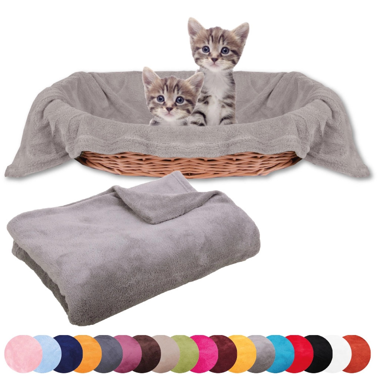 Bestlivings Katzendecke hellgrau, Mikrofaser, 90x140cm. Katzen im Korb mit Decke.