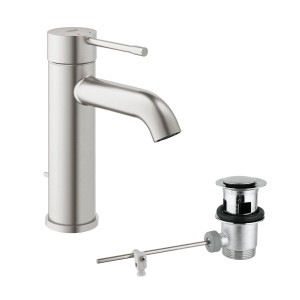 Grohe Essence Waschtischarmatur in Supersteel mit Zugstangen-Ablaufgarnitur.