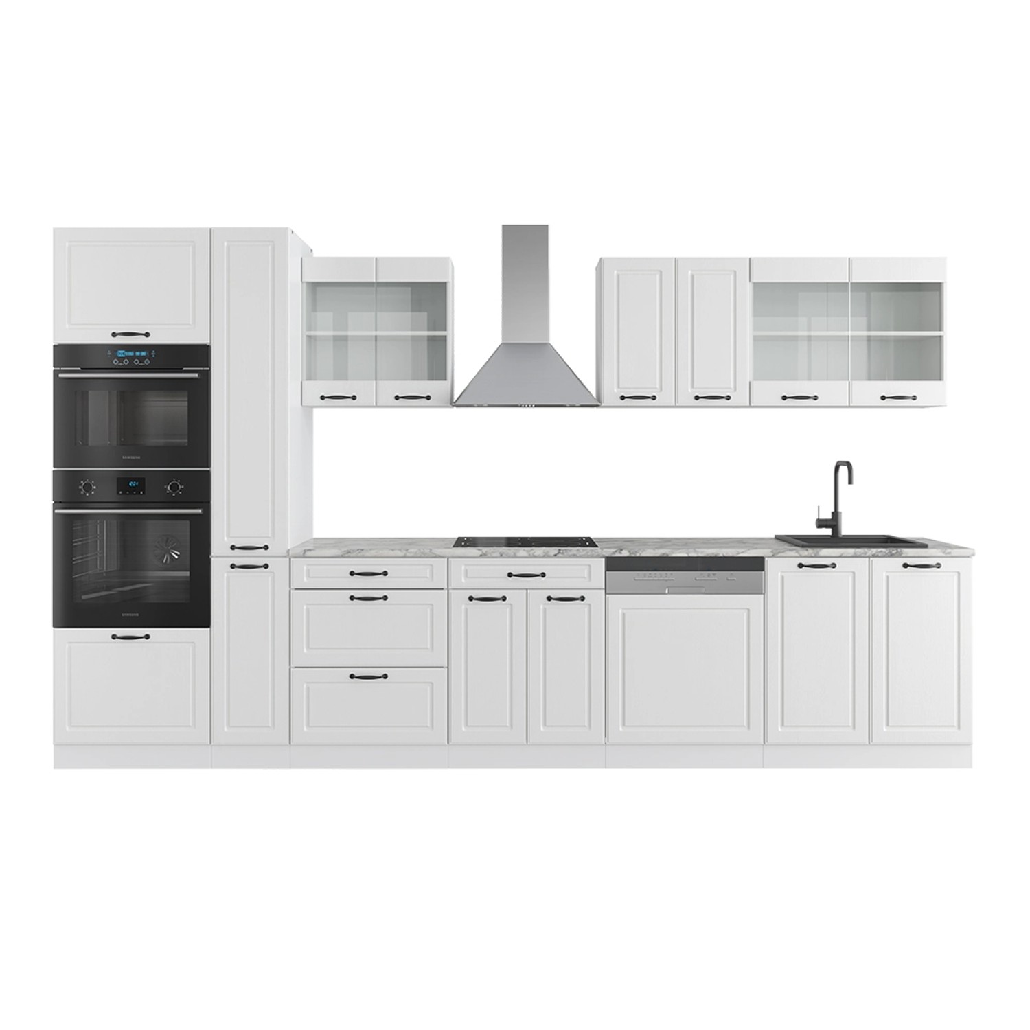 Vicco R-Line Küchenzeile Weiß Landhaus/Weiß 350 cm mit HochschrankAP Marmor günstig online kaufen
