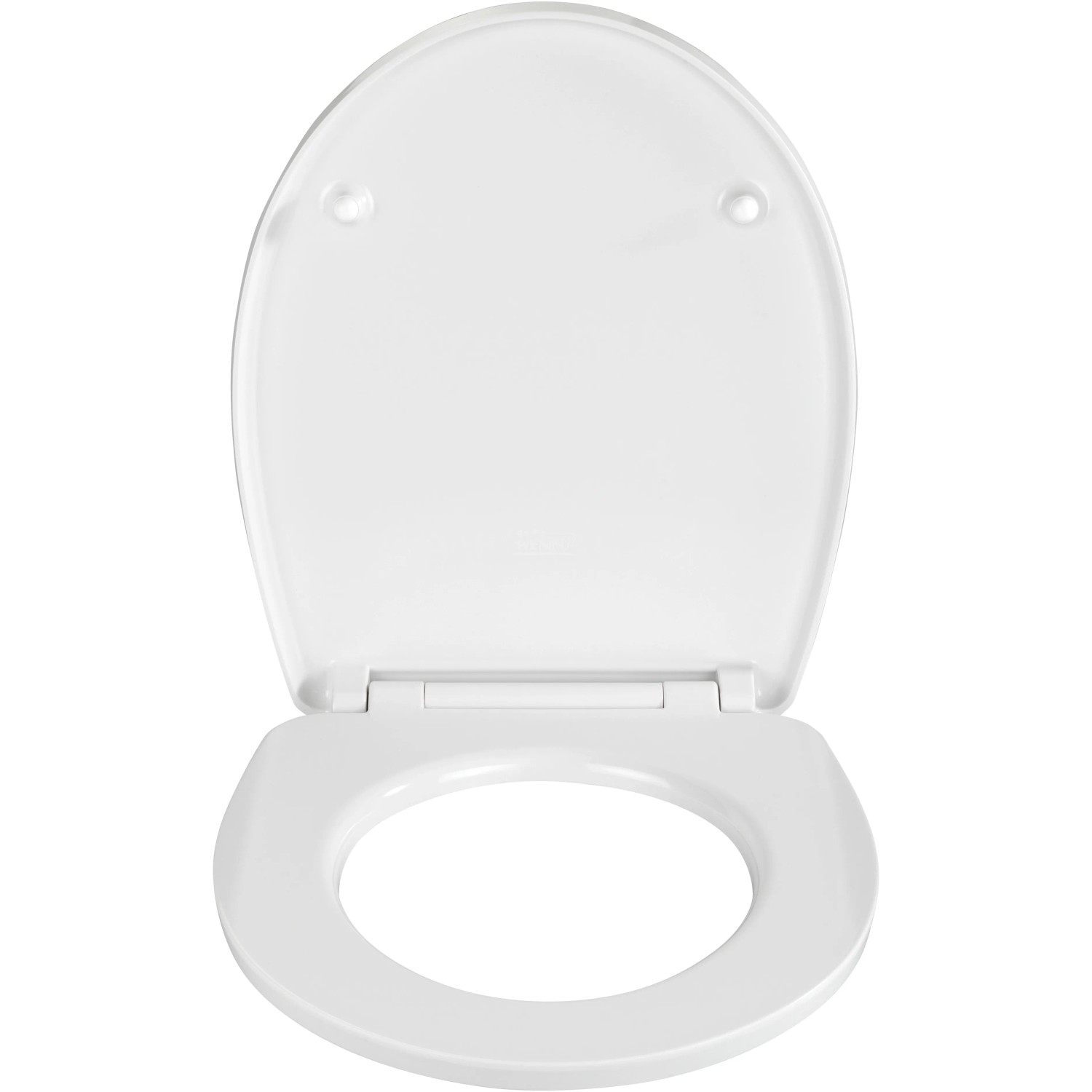 Weißer Wenko WC-Sitz Bois Duroplast mit geöffnetem Deckel und Absenkautomatik.