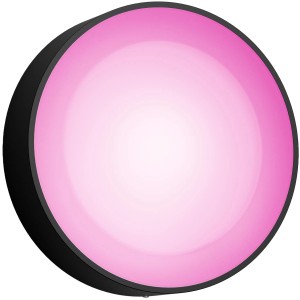 Schwarze Philips Hue Daylo Wandleuchte mit farbigem Licht (pink) für den Außenbereich.