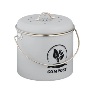 Runder grauer Eisen Komposteimer mit Deckel, Henkel und 'COMPOST' Aufschrift für Küchenabfälle.