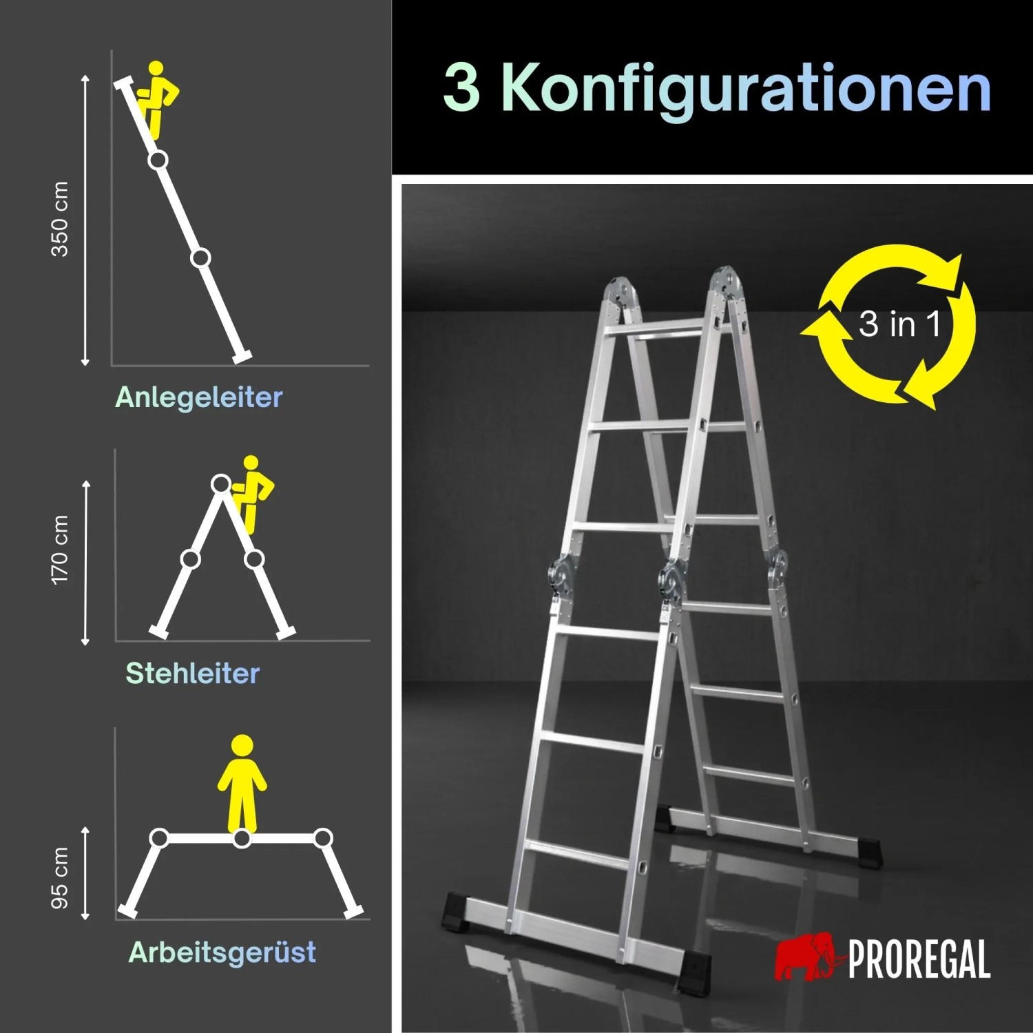 PROREGAL MULTISTEP Aluminium-Mehrzweckleiter als Stehleiter, Anlegeleiter & Arbeitsgerüst. 3-in-1-Funktion, klappbar.