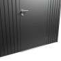 Biohort Metall-Gerätehaus AvantGarde: Dunkelgrau-metallic Doppeltür mit Griff, Schloss und geriffelter Wand.