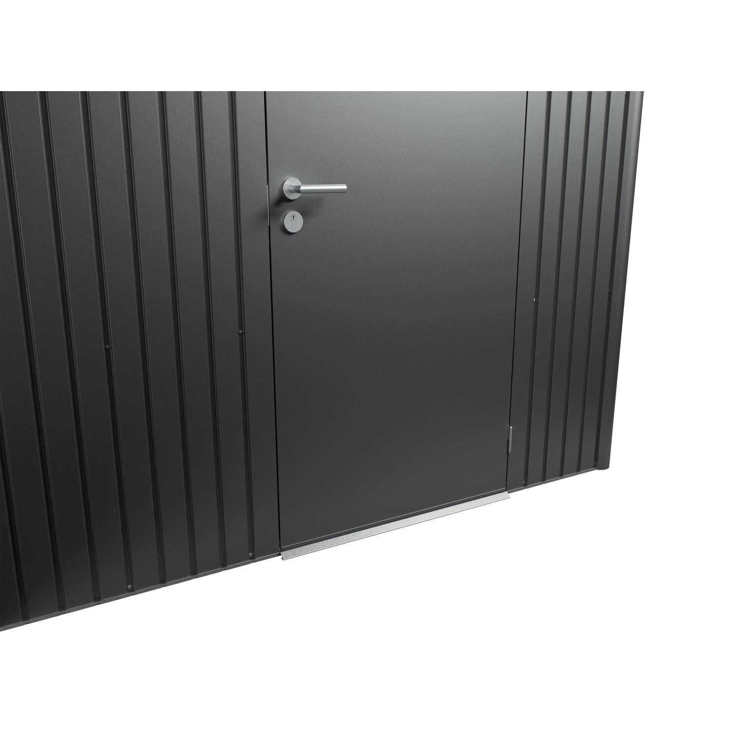 Biohort Metall-Gerätehaus AvantGarde: Dunkelgrau-metallic Doppeltür mit Griff, Schloss und geriffelter Wand.