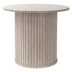 Runder beiger Couchtisch in Stein-Optik mit gerilltem Zylinderfuß. Moderner Wohnzimmertisch Ø60 cm.