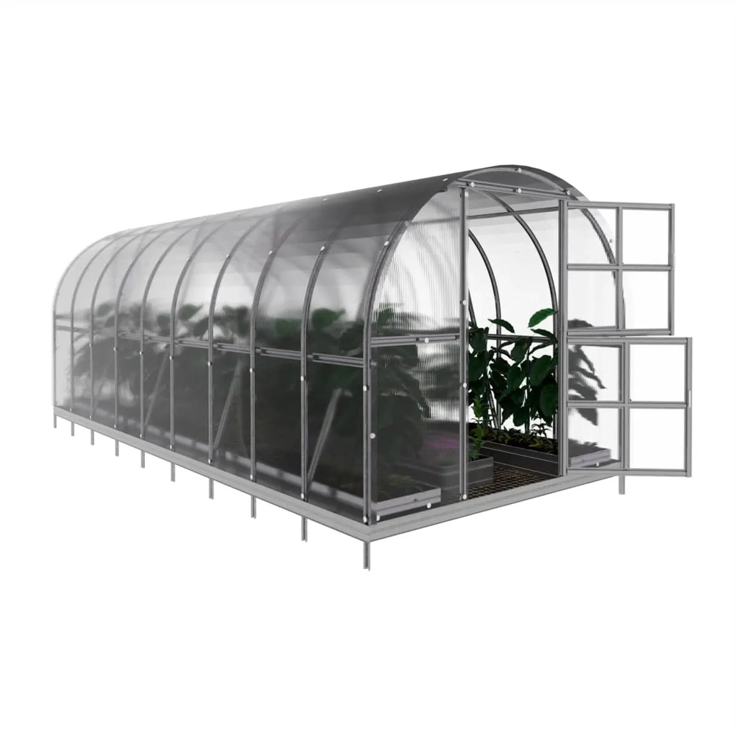 Klasika Arch Gewächshaus 18m² mit Polycarbonat, Bogenform, offene Fenster.