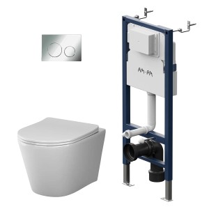 AM.PM WC Set: weißes Wand-WC, blaues Vorwandelement mit Spülkasten und verchromter Drückerplatte im modernen Design.