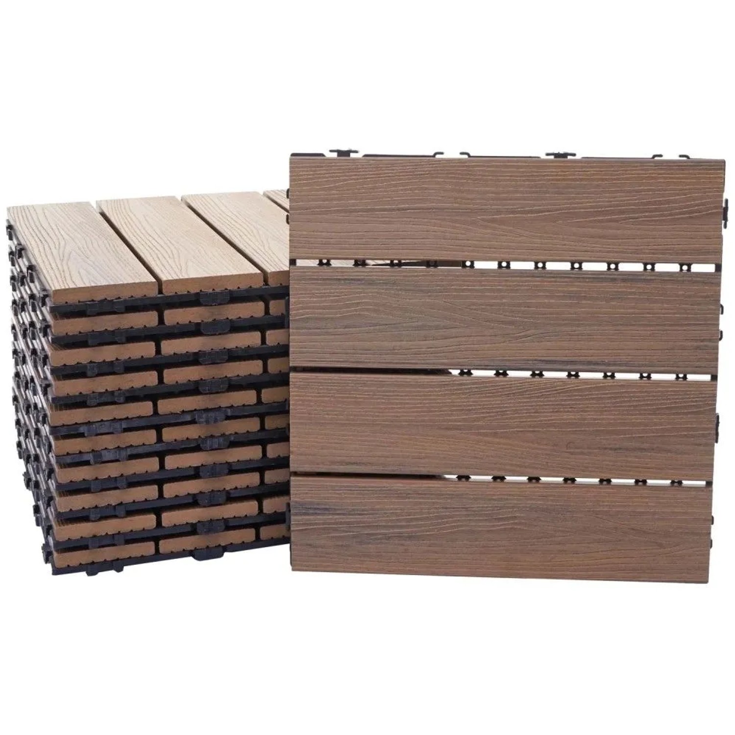 MCW WPC Bodenfliese E20 Holzoptik Balkon/Terrasse 3D-Struktur Linear 11x Je 30x30cm - 1qm Geprägt-Braun