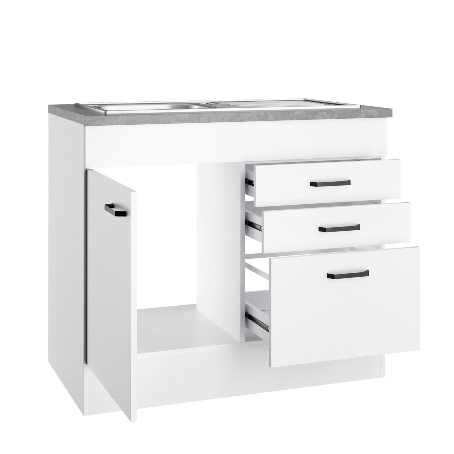 Weißer OPTIFIT Spülenunterschrank Bonn214 mit Spüle, Schubladen und grauer Arbeitsplatte.