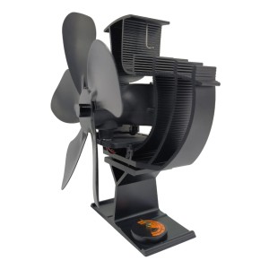 Schwarzer Valo Ofenventilator mit Temperaturanzeige, stehend und drehend für Kamine & Öfen.