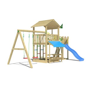 Jungle Gym Spielturm Cascade mit 2 Schaukeln, Brücke und blauer Rutsche.